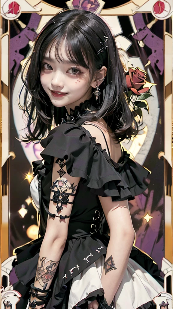 Realistic、A delicate and detailed masterpiece、Highest quality、Highest quality、(Tarot card style:1.3)、Purple Rose Background、One Woman、Upper body photo、(Gothic punk outfit:1.3)、(Black Hair、Hime cut, Long Hair:1.2)、Natural Makeup、Eyelash extensions、Draw eyelashes sharply、Thin eyebrows、Deep orange blush、Grin, Showing teeth、Slightly red cheeks、 female