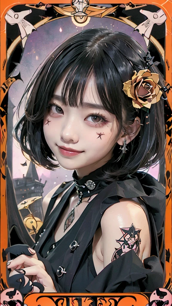 Realistic、A delicate and detailed masterpiece、Highest quality、Highest quality、(Tarot card style:1.3)、Purple Rose Background、One Woman、Upper body photo、(Gothic punk outfit:1.3)、(Black Hair、Hime cut, Long Hair:1.2)、Natural Makeup、Eyelash extensions、Draw eyelashes sharply、Thin eyebrows、Deep orange blush、Grin, Showing teeth、Slightly red cheeks、16 year old female