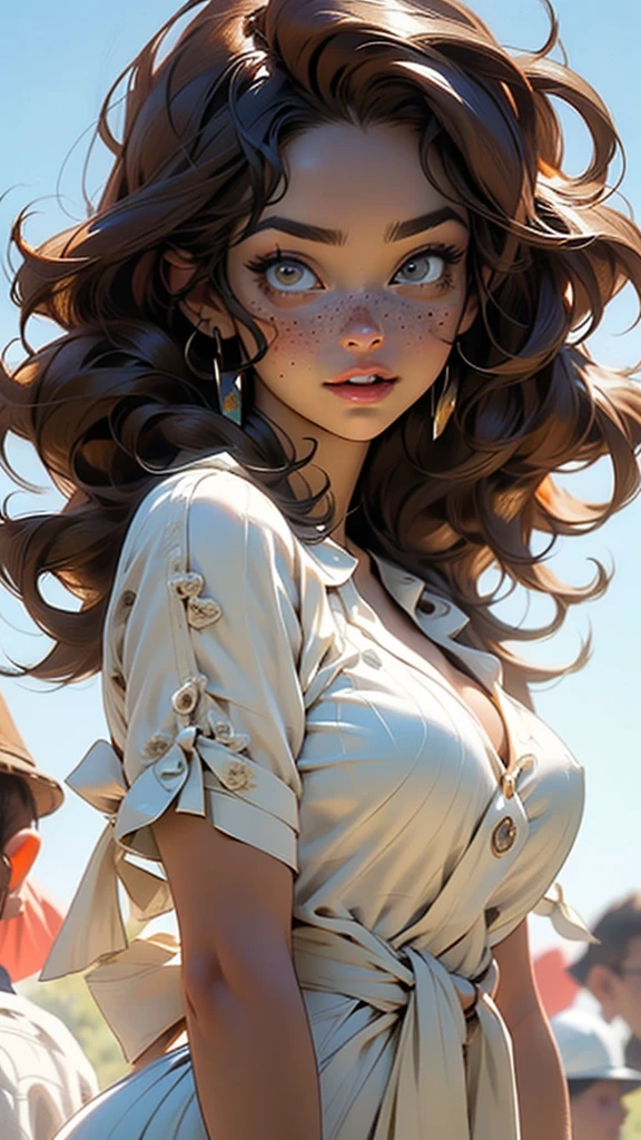 Beautiful thick mulatto woman, dressed as a nightgown model, voluptuous, (highly detailed face:1.5), large_breast, ample hips, insanely detailed accentuated big booty, greatly feminine proportioned, great aesthetics, ((highly detailed skin1:.2)), (freckles:1.2), (blemishes:1.0), (((brown hair))), 8k uhd, dslr, soft lighting, highest quality, film grain