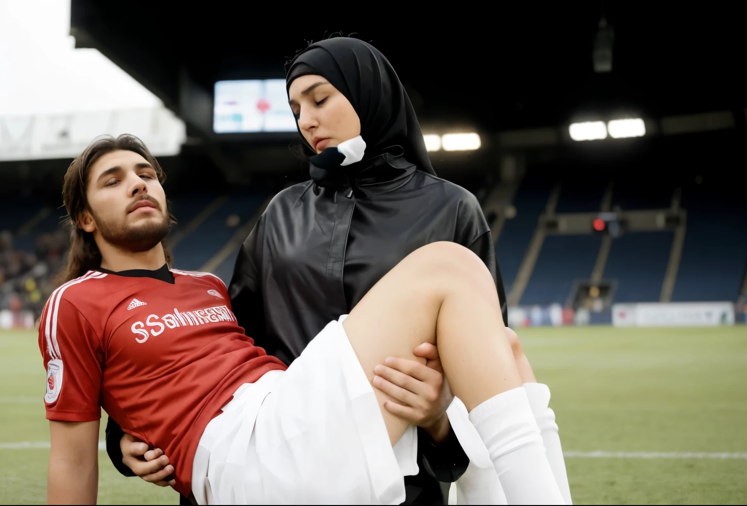 a strict muslim woman carries a man, orthodox muslima carries the wounded man's body in her hands, muslima grabs his legs and his body with her hands, the man in muslima's arms is visibly in pain, stadium atmosphere, the bearded man is lying consciousless in Andrea's arms with one arm hanging down, A scene at a soccer stadium, a bearded man lying in a caring women's arms, lying helpless in her arms with his head dangling down, he has one arm dangling down while being carried in the women's arms, There is an attractive and heavily made-up woman in a long black leather coat, A pretty woman in a shiny black leather coat on a soccer field, A wonderful woman is holding a passed out man, A man in matt and roughened sportswear is held diagonal in her arms, a man in a woman's arms and lets one arm dangling down, we see the man held in front of the woman's body, the man is cradled in the woman's arm while being carried, the beautiful woman is exceptionally heavily made up and has an extremely desperate and very angry expression on her face, high-resolution photo, realistic sports photo, soccer scene, woman in black shiny long leather coat, injury scene, real photo, ultra realistic, high definition, sports photography