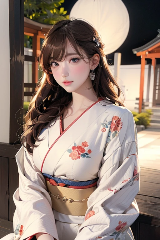 (Official Art、Highest quality、Unity 8k wallpaper、masterpiece、Ultra-high resolution)、Slender、Ample breasts、Highly detailed background、Beautiful girl in yukata、(Highly detailed face and eyes、Beautiful Face、Beautiful Eyes、Beautiful nose、Pretty lips)、Intimate Relationships、A friendly gaze、Japanese garden、Cowboy Shot、Sitting on the porch、moonlight、Autumn scenery、