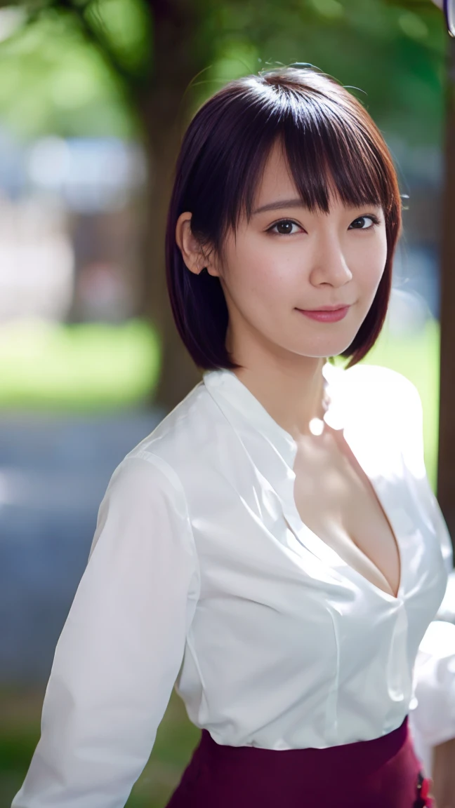 masutepiece, Best Quality, Photorealsitic, finely detail, hight resolution,beautiful japanese woman,beautiful detailed eyes, beautiful detailed lips, extremely detailed face, small head, small areola, cinematic lighting, photorealistic, 8k, high quality, hyper detailed, look at me,smile,(dress shirt),( pencil skirt:1.2),(short hair:1.2),(random outside location),(medium breasts:1.2),(portrait:1.3),slender,beautifull legs,(cleavage:1.3),(sexy posing),mini skirt, (bokeh:1.3) (black pantyhose:1.2),rihoyoshioka