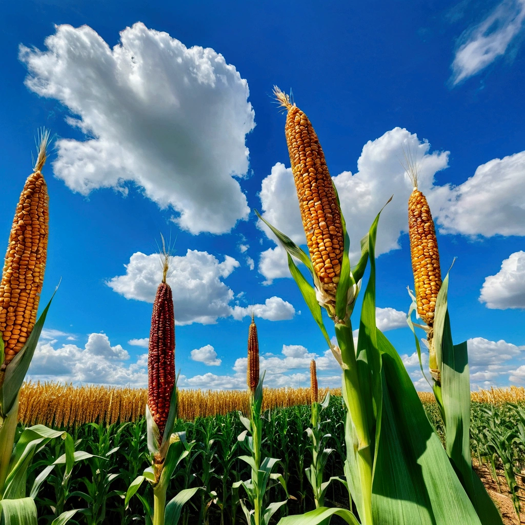 Ultra-high resolution,HDR,Sharp focus,Extremely detailed,Practical,Cornfield,landscape,photoPractical,Natural Lighting，Golden corn growing on green corn stalks，True colors，Blue sky，White Cloud，