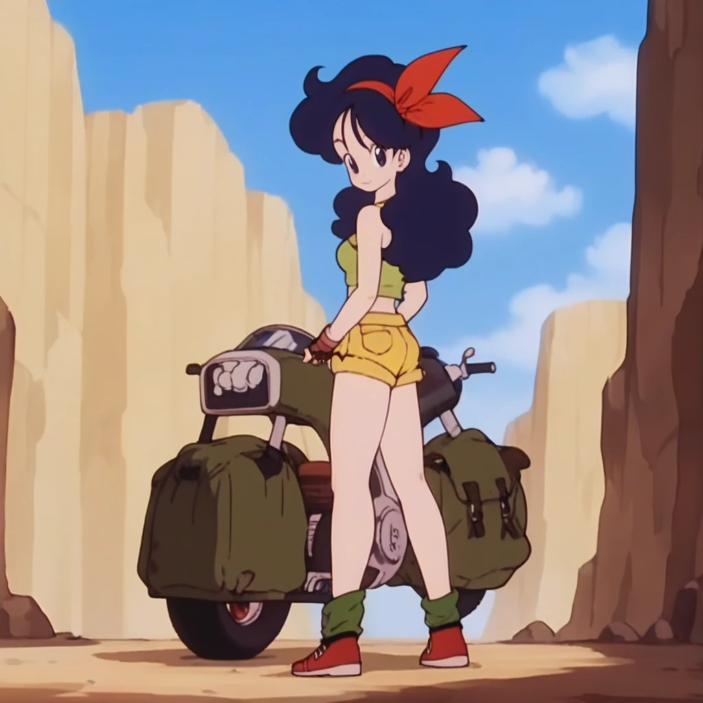 source_anime, score_9, score_8_up, score_7_up, anime screencap, high quality, launch good, 1girl, solo, blue hair, breasts, fingerless gloves, shorts, blue eyes, green crop top, long hair, sky, arms behind head, smile, looking back, looking at viewer, cloud, curly hair, blue sky, midriff, day, medium breasts, outdoors, brown gloves, ribbon, short shorts, red hairband, bare shoulders, standing, collarbone, yellow shorts, shirt, red footwear, green legwear, eyelashes, canyon,