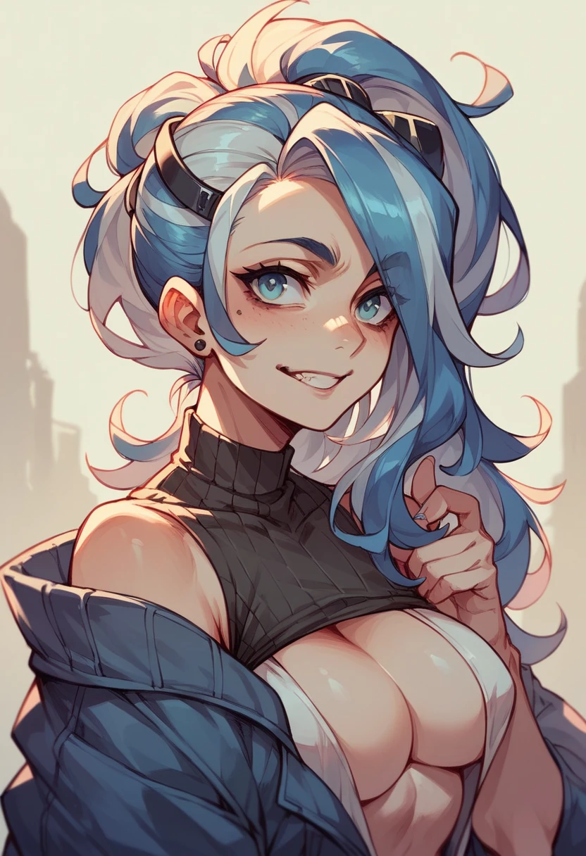 beautyfull woman, blue buns hair, black spy catsuit, red lipstick, adult