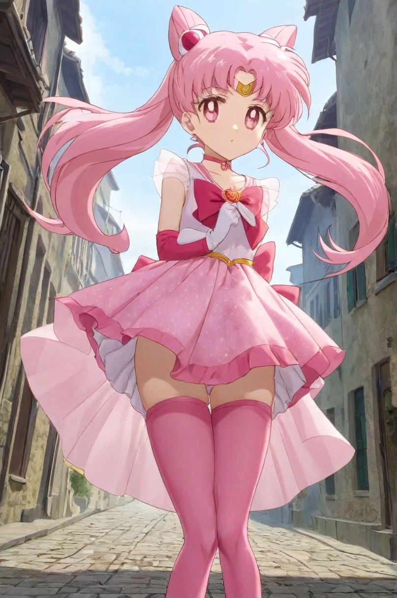 10 year old girl underwear,Chibiusa、Realistic bloomers made from patterned cotton fabric, Medieval one-piece dress with panniers, Fabric Realism, Low - Angle, I see bloomers, Pull up the dress by hand, Strong winds, Translucent slip, Translucent slip, tights, Highest quality, whole body