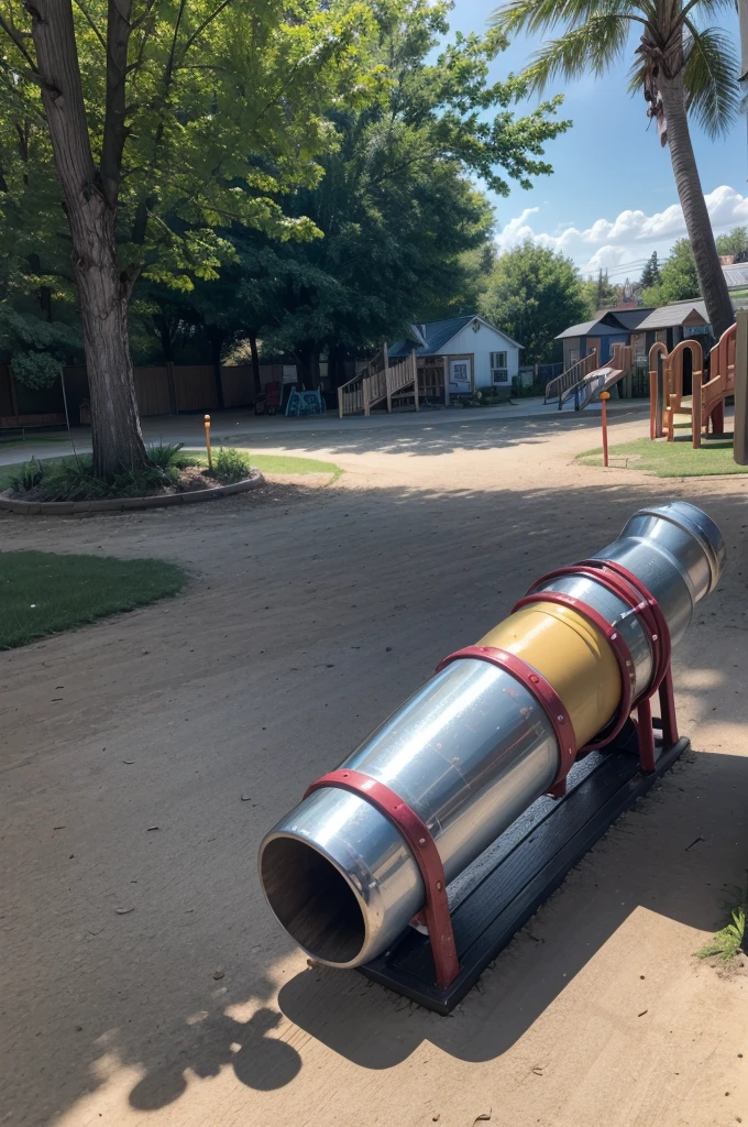 Create a highly realistic, 4K rendering of a playground rocket spring rider. The rocket should be detailed with vibrant colors, showing signs of wear and tear from use, like slight scuffs and scratches. The rocket’s body should have a sleek metallic texture, with visible bolts and seams. The paint should have a glossy finish with some areas slightly faded due to sun exposure.
The spring at the base should be made of shiny, coiled metal, showing a bit of rust in places. The base where the spring is attached to the ground should have realistic concrete texture with small cracks and dirt. The surrounding playground should have wood chips and some grass peeking through, with a slightly blurred background to emphasize the rocket spring rider.
Lighting should be natural, suggesting a sunny day, with shadows falling realistically based on the position of the sun. The entire scene should be detailed enough to feel immersive, capturing the essence of a well-loved playground toy