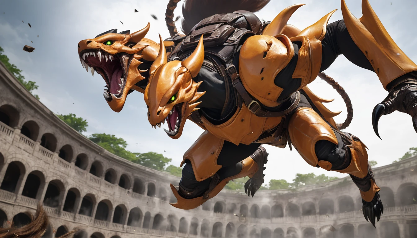 Realistic photos, RAW Photos, Dullahan, attacks viewer, Powerful movements, jump on prey, ((Dynamic jump)), Sharp Claws, Dullahan approaching from above, sudden approach, Bad-tempered, dynamic Shot from grand