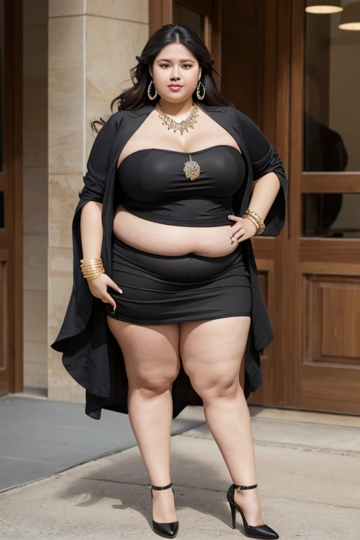 140kg extremely obese woman, large stomach, mini skirt, high heel, necklace, earring, bracelet