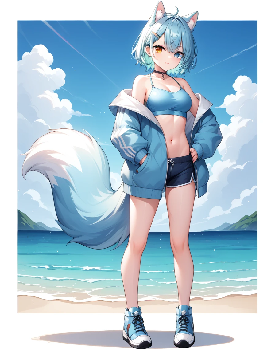 a boy with fluffy white fur, heterochromia eyes, wearing a hair clip, with a fluffy tail, cute, simple cartoon style, flat colors, simple shadows, full body portrait, beach background