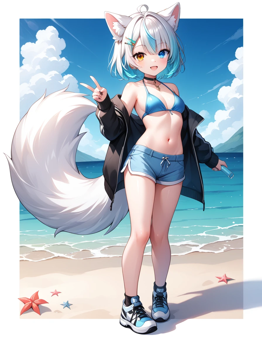 a boy with fluffy white fur, heterochromia eyes, wearing a hair clip, with a fluffy tail, cute, simple cartoon style, flat colors, simple shadows, full body portrait, beach background