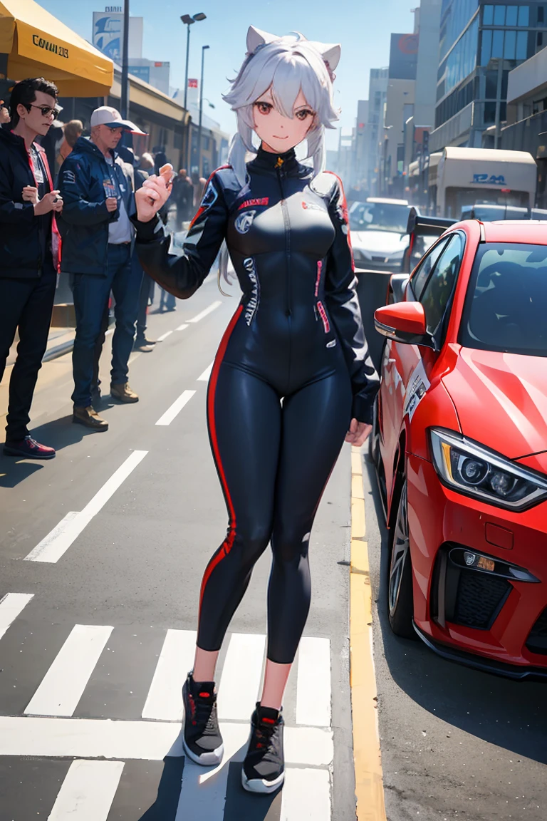 ((Full body photo, standing, feet on the ground)) (best qualityer,high resolution),Tess Darret,First position,holding a racing helmet in his hands,standing inside your race car,smiling,anime styling,shiny colors,dynamic lighting,glossy finish,energetic pose,Attention to the details,glare eyes,Long flowing hair,wearing a running suit,checkered flag pattern on the car,exciting atmosphere,vivid expressions