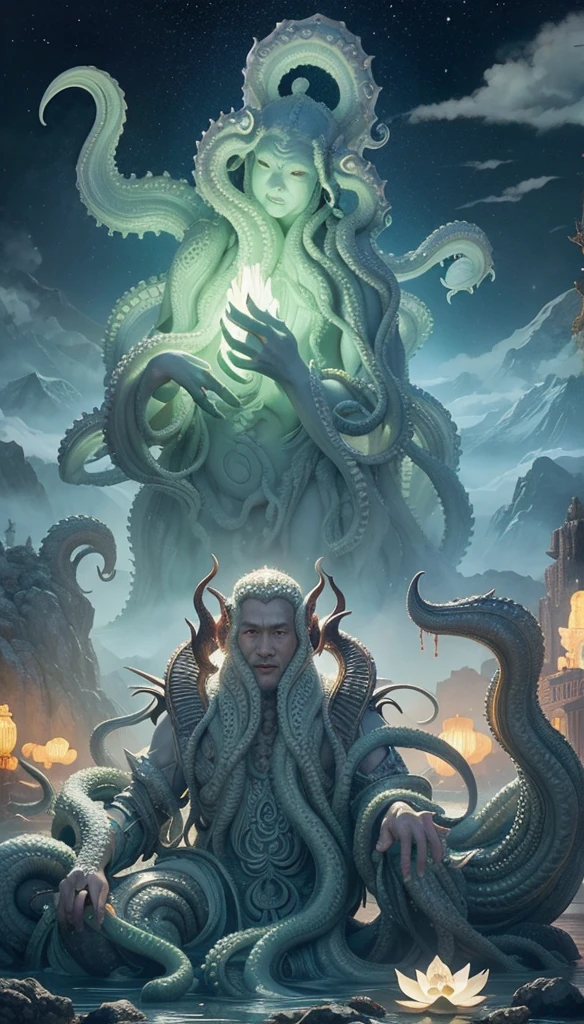 Antique painting,Chinese deities,White streamer,Giant creatures,White Lotus,Lovecraftian gods,Cthulhu gods。Lovecraft atmosphere,Lovecraftian inspiration,Cloudy,Distant skies。Similar works by Dai Dunbang。