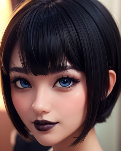 only face, selfie, wallpaper, full HD, beautiful and detailed face with black lips and voluminous sensual smile, blue eyes white skin black eyeliner and short bob hair with bangs