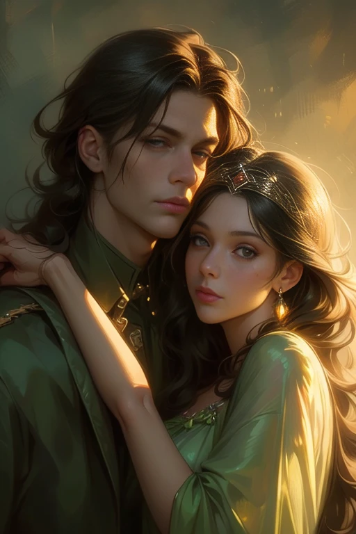 High-quality image of a couple: a blond men (tall, statuesque, handsome, courageous young man with blue eyes, curly golden hair, dressed in a gray antique military uniform) he hugs a woman with a black hair (a fantastically beautiful young femme fatale with long straight black hair, long bangs, she has blackberry eyes, she is a princess, on she has a romantic dress and a tiara). They are in love with each other. The sketches of the "Ideal Anatomy" made by Boris Vallejo are characterized by a high degree of detail. Masterpiece, detailed study of the face, beautiful face, beautiful facial features, perfect image, realistic shots, detailed study of faces, full-length image, 8k, detailed image, extremely detailed illustration, a real masterpiece of the highest quality, with careful drawing.