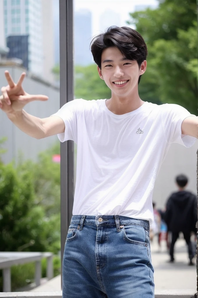 A Korean boy. Slim and tall with an athletic figure. He has strikingly fluid movements and a radiant smile.