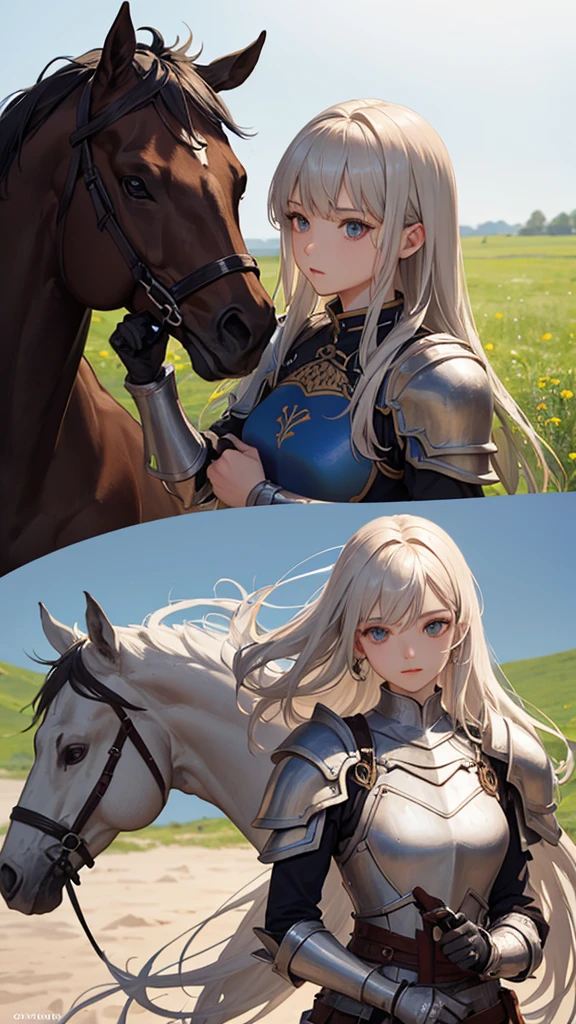 (masterpiece, 4K ,Super detailed:1.2), (anime:1), (Perfect quality), The whole body is shown, View Viewer, sword士, tall,  Highest quality、masterpiece、8k、Realistic、超High resolution、Very delicate and beautiful、High resolution、Cinema Lighting、medium range shooting、Portraiture、Perfect female body、Beautiful woman、Mature Woman、Opposition、Put your hands on your head、View your viewers、grassland、異世界から来たファンタジー女knight、armor、sword、shield、knightの紋章、Long Hair、Helmet、armorのプレート、leather armor、Combat Boots、Waist-mounted weapons、A beautiful and powerful face、Eyes full of determination、knight道精神、horse、Battle cry、knight&#39;pledge、Potential magical powers、Scars from past battles