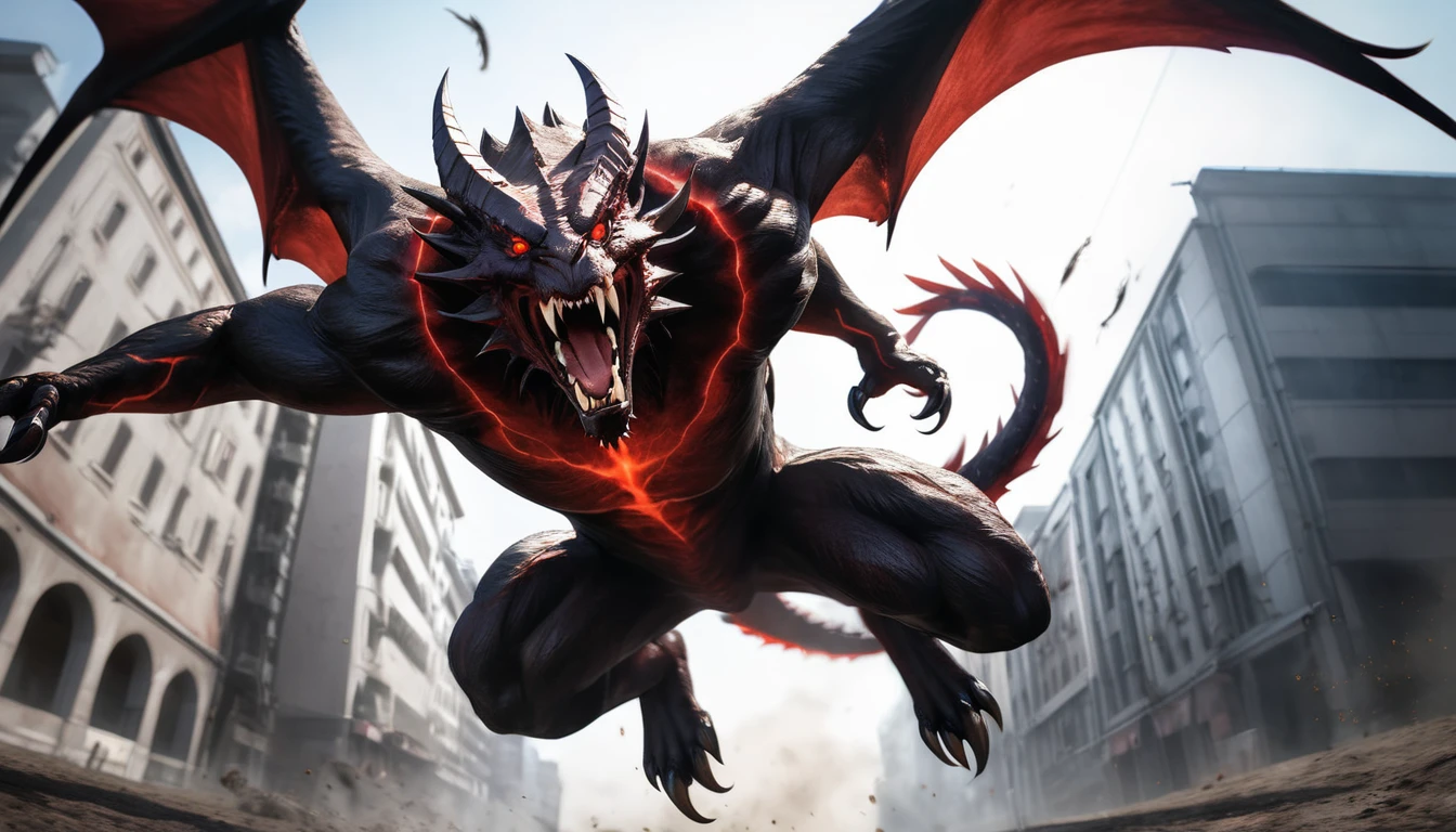 Realistic photos, RAW Photos, daemon, attacks viewer, Powerful movements, jump on prey, ((Dynamic jump)), Sharp Claws, daemon approaching from above, sudden approach, Bad-tempered, dynamic Shot from grand