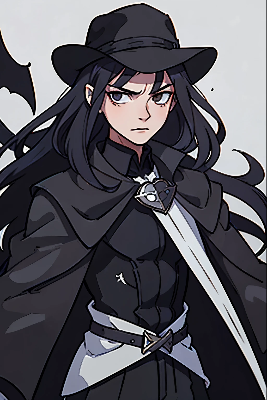 (((masterpiece))), (((best quality))), illustration, single character, game character, rpg character, only one character, male character, masculine vampire, tall male vampire, medieval gothic vampire, light white skin, long black hair, loose straight hair, black leather overcoat, black clothes, wearing a black hat, wielding dual scimitars, evil face expression, flat gray background, 8k, awesome quality
