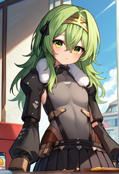 score_9, score_8_superior, score_7_superior, sauce_Anime BREAK 1 Girl, alone, Kilo, Green Eyes, Green Hair, Long Hair, hair band, Black Hair Ribbon, Fur trim, Grey leotard, black sleeves, Long sleeve, Black Skirt, pantyhose, gloves