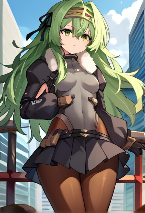 score_9, score_8_superior, score_7_superior, sauce_Anime BREAK 1 Girl, alone, Kilo, Green Eyes, Green Hair, Long Hair, hair band, Black Hair Ribbon, Fur trim, Grey leotard, black sleeves, Long sleeve, Black Skirt, pantyhose, gloves