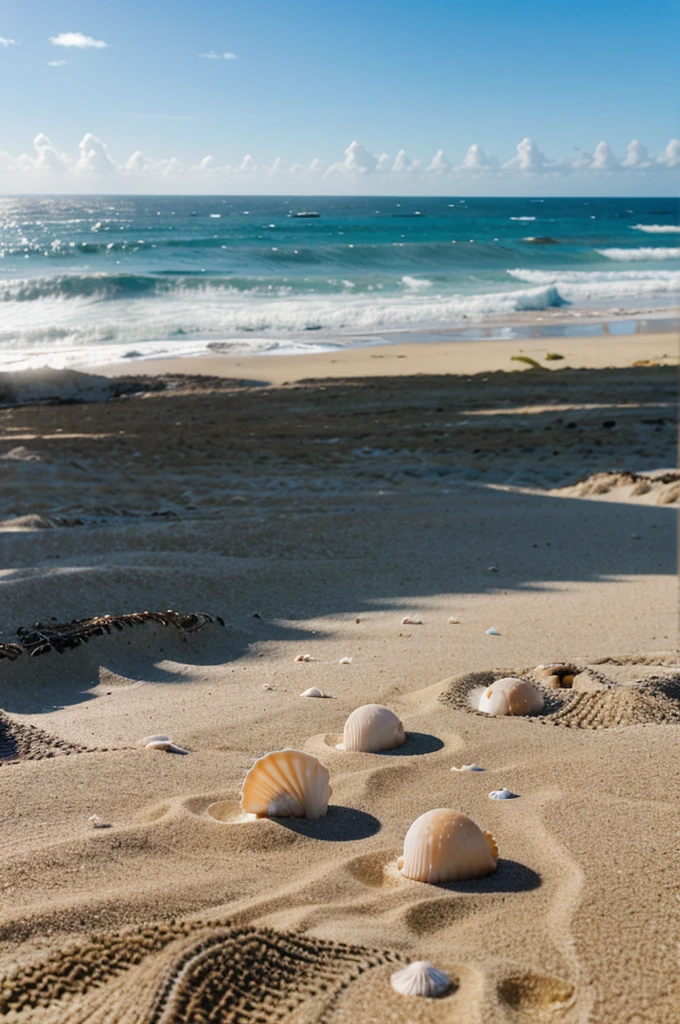 A closeup of various seashells scattered on a sandy beach, with the ocean out of focus in the background.