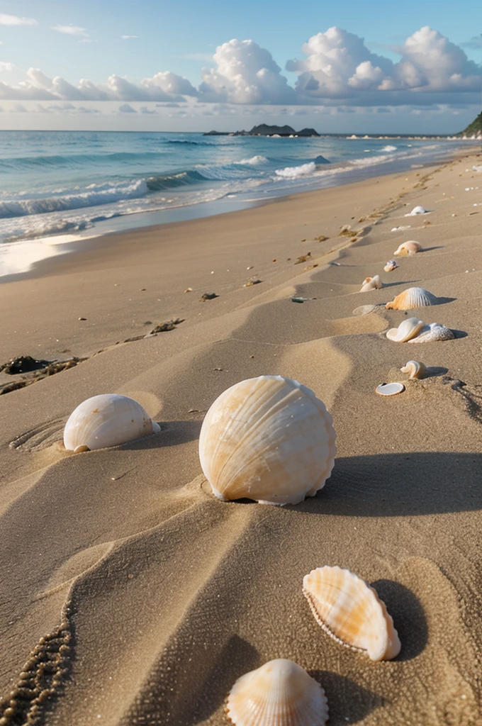 A closeup of various seashells scattered on a sandy beach, with the ocean out of focus in the background.