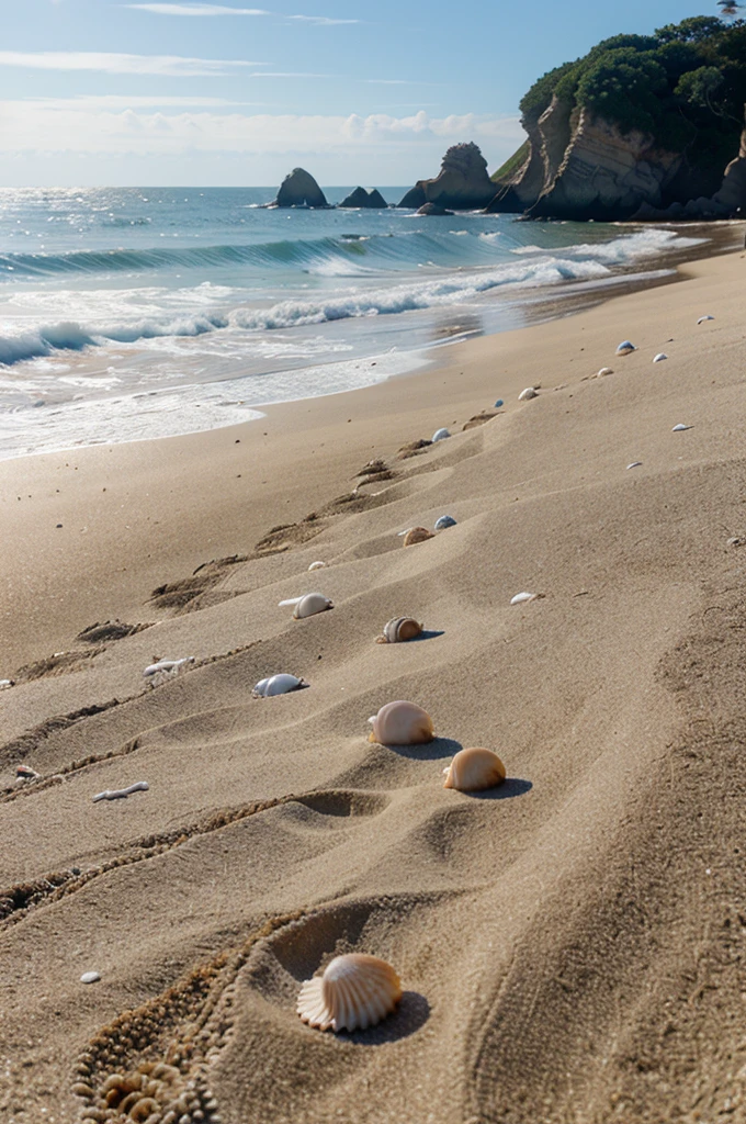 A closeup of various seashells scattered on a sandy beach, with the ocean out of focus in the background.