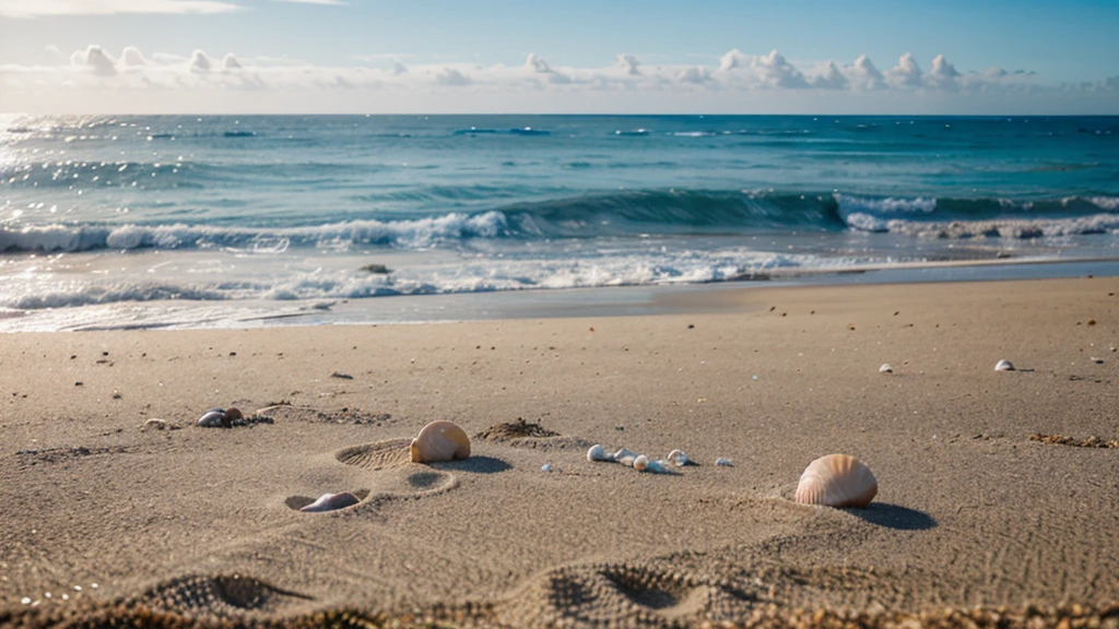 A closeup of various seashells scattered on a sandy beach, with the ocean out of focus in the background.