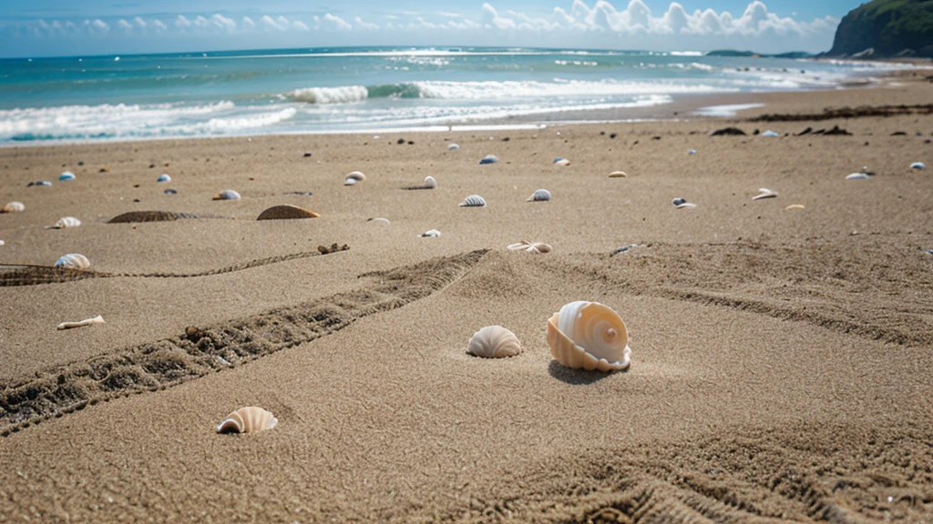 A closeup of various seashells scattered on a sandy beach, with the ocean out of focus in the background.