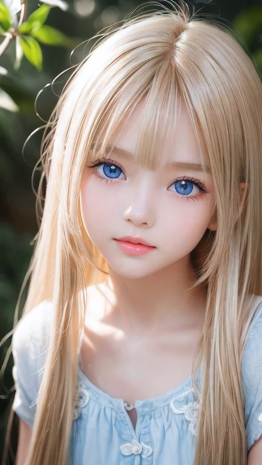 Beautiful Scandinavian girl with beautiful, shiny, bright blonde, mysterious hair.、Super long straight silky hair、Very beautiful shiny pretty face、Beautiful, glowing skin、Mysterious blonde light reflecting dazzlingly、Beautiful, cute, shining, pale, bright, sky blue, big eyes、Very big eyes、Beautiful super long shiny silky blonde hair、Bangs between the eyes、Cute little beautiful girl 16 years old、Blonde hair above the eyes、片Blonde hair above the eyes、Blonde hair between the eyes、Cheek highlighter、Small Face Beauty、Round face