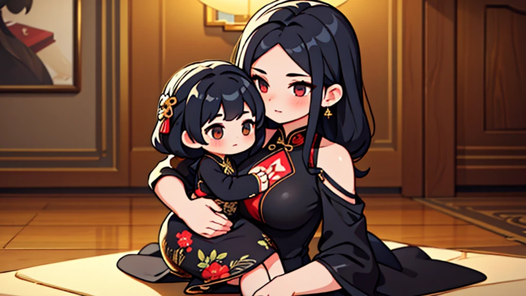 (Masterpiece,Highest quality),(Maximum details),2 girls ,black hair, black cheongsam,Mother&#39;s Day,อาหารบนโต๊ะ Mother day