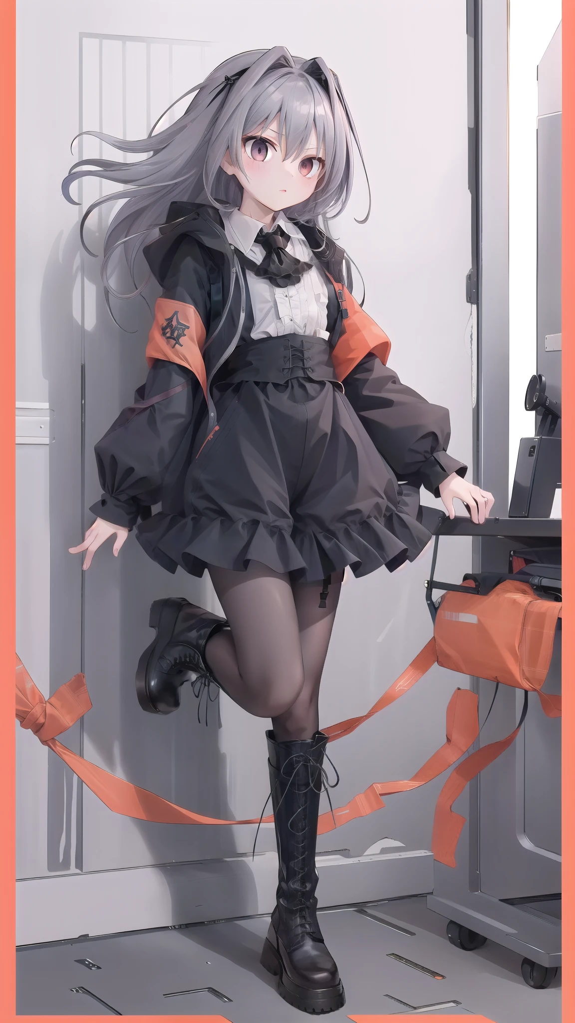 ((masterpiece)),(best quality),Official Art,Extremely detailed的 CG,Unity 8K wallpaper,Extremely detailed,1 Girl,Solitary,,Black_skirt,armband,grey_hair,Watching_exist_Viewer,High target_alls,long_sleeve,dragon_trumpet,High target_all_Lace-up boots,Black_Ascot,Black_Footwear,orange_Ribbon,grey_Eye,Ruffles,hair_intake,Pantyhose,
