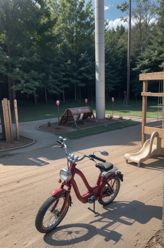 Create a highly realistic, 4K rendering of a playground rocket spring rider. The rocket should have a vibrant, colorful design, resembling a classic children's playground toy. It should be mounted on a sturdy metal spring fixed to the ground. The rocket itself should be detailed with shiny red and silver paint, with realistic textures showing  scratches and scuffs from use.

The seat area should be slightly worn, with a smooth finish, and the handles and footrests should be robust and securely attached. The spring should have a metallic texture with some slight rust and wear. The base should be fixed in a concrete platform, with realistic textures of dirt, small cracks, and occasional grass sprouting around it.

Surround the scene with playground elements like wood chips or rubber matting, slightly blurred to focus on the rocket spring rider. Use natural daylight to cast soft shadows, giving a warm, inviting feel to the image. The details should be rich and immersive, capturing the essence of a beloved playground toy
