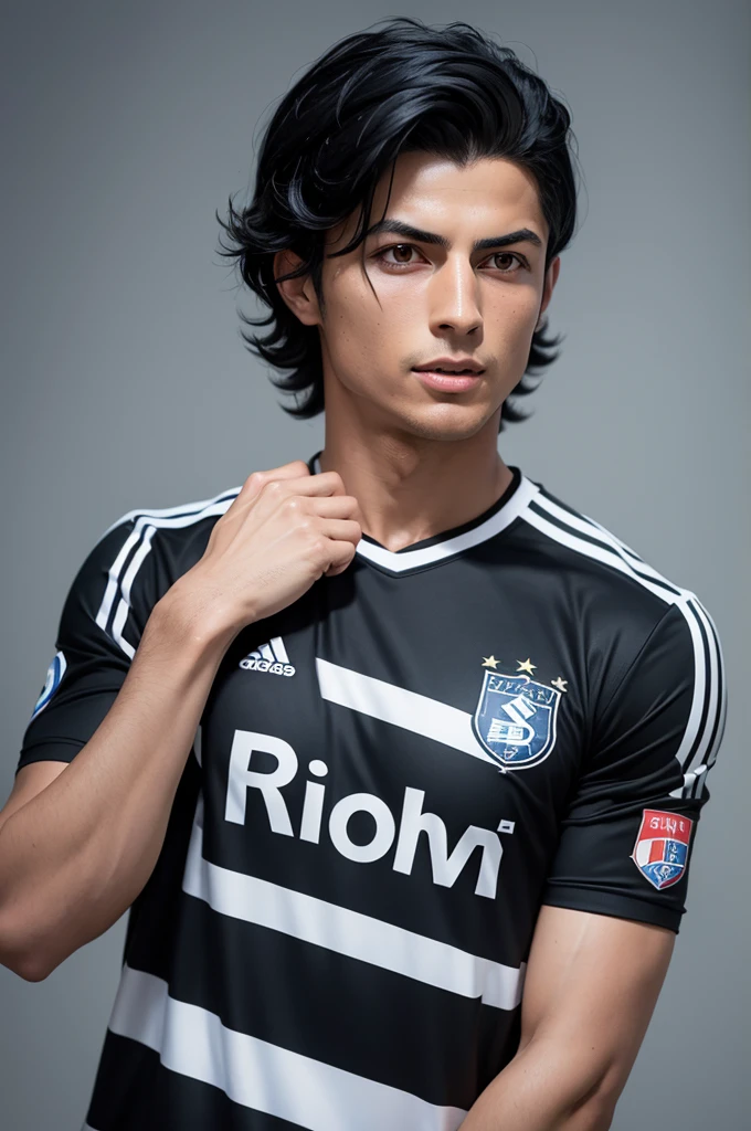 A funny character with medium black hair wearing a Cristiano Ronaldo shirt 