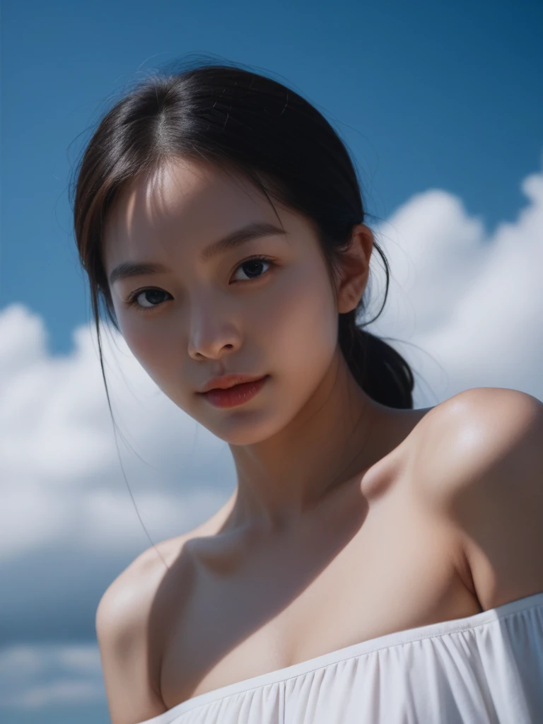 ((Pure beauty:0.8+ultra-realistic realism:1.2),White skin texture:1.2,eyes with brightness:1.1),lightand shade contrast:1.1,high textured:1.1,Picture quality:Ultra HD:1.3,The upper part of the body,tall nose bridge,dynamic angle,Clouds and mountains,Flower field in the foreground,Light tracing,realisticlying,offcial art,Unity 8k壁纸,ultra - detailed,Beautiful and beautiful,tmasterpiece,best qualityer,Glowing skin,cinmatic lighting。