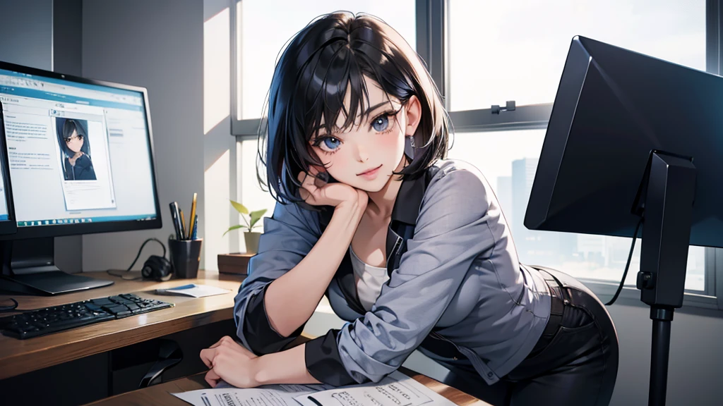 (perfect anatomy:1.2)(absurdres, highres, ultra detailed),masterpiece,best quality,high resolution,8k,Realistic face,Realistic skin texture,magnified textures, stunning clarity,detailed anime girl,(ultra detailed eyes and face),(1 girl:1.2)21years old,she is office worker,,smile:1.2,black hair, bob cut,natural make,grey jacket and pants,black brouse,,sparkling eyes.small nose,roundface,office,sitting at her desk,Looking at the VIEWER,she loves viewer