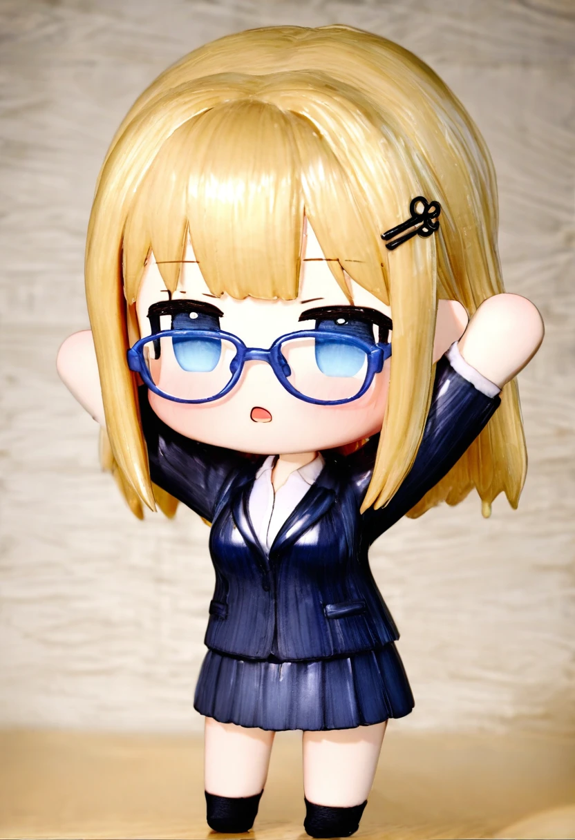1girl,22years old, office lady,kawaii,intellectual,long blonde hair, blue eyes,jitome,brown hair pin,blue frame glasses,navy blazer,collared shirt,navy tight skirt,arms up,open mouth, office, BREAK masterpiece, best quality, absurdres, cowboy shot, 3d,chibi,nendroid style,colored pencil art style, hand-drawn aesthetic, soft shading, textured paper background, gentle colors, sketch-like quality, artistic portrait, delicate lines, subtle blending, warm lighting