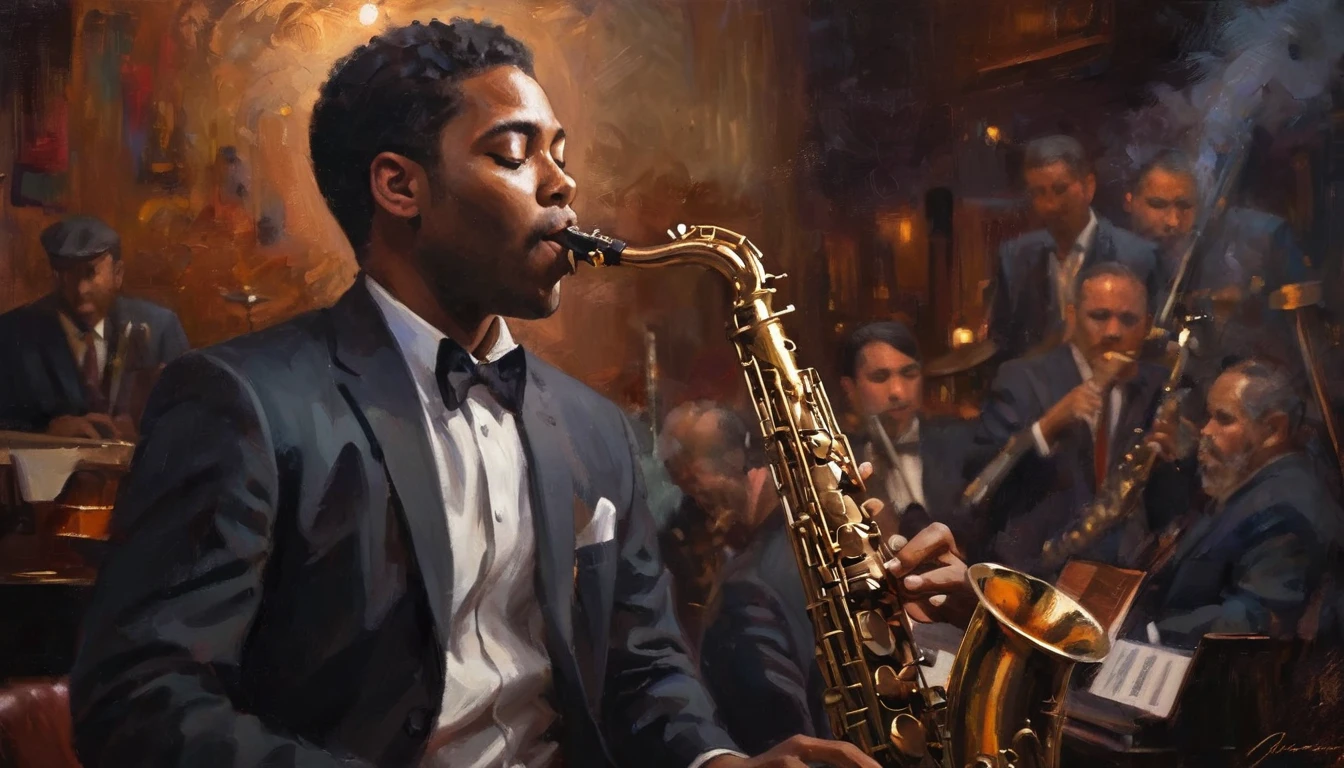 Impressionist painting, Intimate jazz club atmosphere, Dark and Smoky, A saxophonist gives the best performance of his life, Very intricate detail, Award-winning art, Ray Tracing, Sharp focus, 8k, High resolution, masterpiece, Professional, Very detailed, Perfect hands