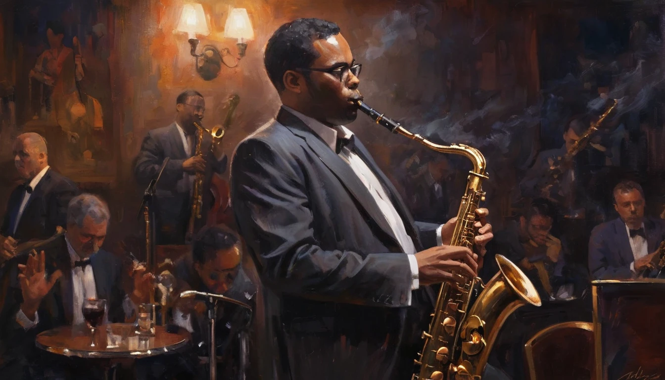Impressionist painting, Intimate jazz club atmosphere, Dark and Smoky, A saxophonist gives the best performance of his life, Very intricate detail, Award-winning art, Ray Tracing, Sharp focus, 8k, High resolution, masterpiece, Professional, Very detailed, Perfect hands