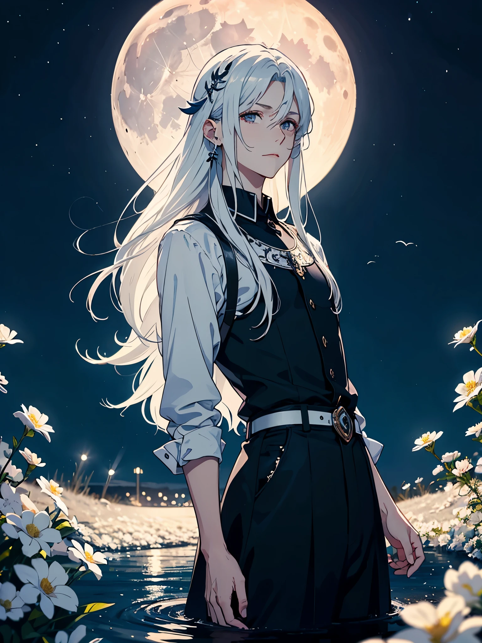 Mit Rock. Im Kleid. Blut. Engel. Viele weoße vögel. More anime. light blue light. Bright bright light. magical. Moon. White flowers. male. Long hair. long white hair. aquatic, boy, God of the Moon, silver hair accessories, White hair.
