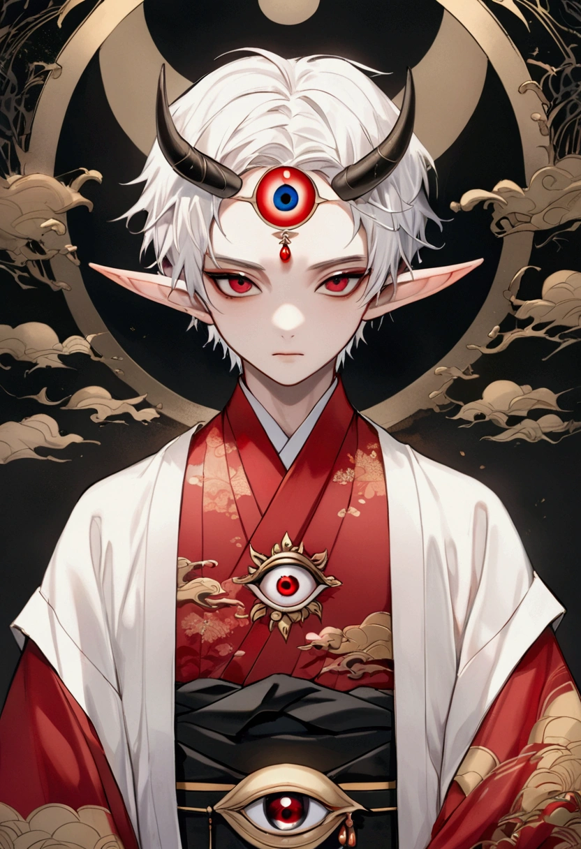 Japanese Anime，Gothic Art，(((1 Boy，独奏，third eye on the forehead，Dark eyeshadow.Middle-parted white hair-super short hair，Elf ears))),(((Gorgeous Japanese red kimono：1.6，Eye Diagram，Dark Pattern))).(((Thin waist，Greenbelt：1.37)))