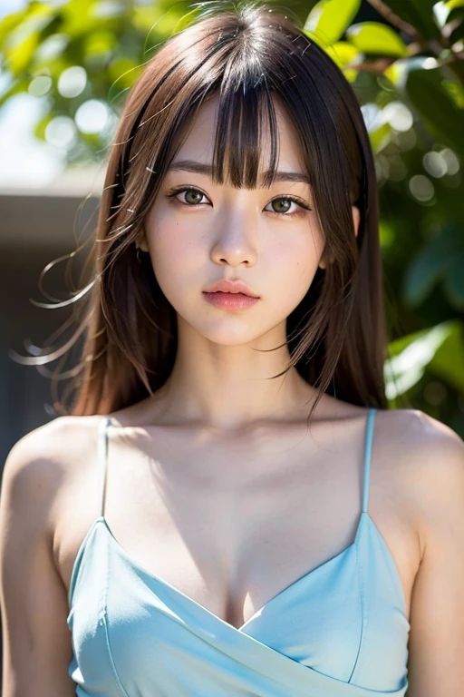 (Masterpiece), Realistic, (Portrait of a Girl) Asian 1.5, beautiful face, sun light, cinematic light, bangs, beautiful woman, beautiful eyes, blonde hair, perfect anatomy, very pretty, princess eyes , (blue eyes), (head frame), center image, standardized, bioluminescence, 8 life size, 8K resolution anatomyAnatomy, White Low Cut Dress, Tiny Blue Details, Human Hands, Curiously Perfect, Elegant, Near Perfect, Dynamic, Highly Detailed, Character Sheet, Concept Art, Smooth, Facing Viewer, Body Symmetrical & Well Balanced, Stunningly Beautiful age Girl DetailHair Styles