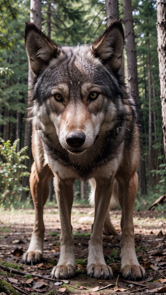realistic gray wolf looking directly at camera, blurred forest background