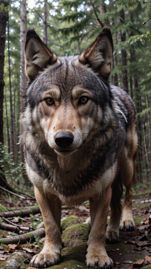 realistic gray wolf looking directly at camera, blurred forest background
