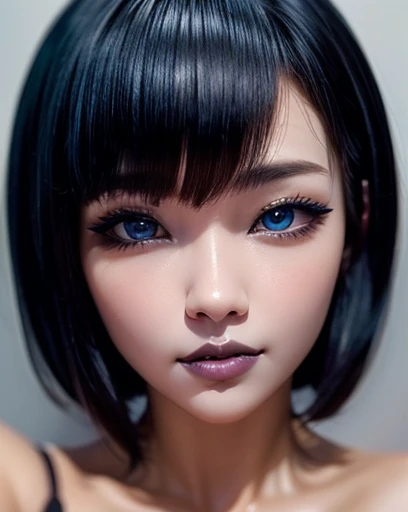 only face, selfie, wallpaper, full HD,  beautiful and detailed face with black lips and voluminous sensual smile, blue eyes white skin black eyeliner and short bob hair with bangs 