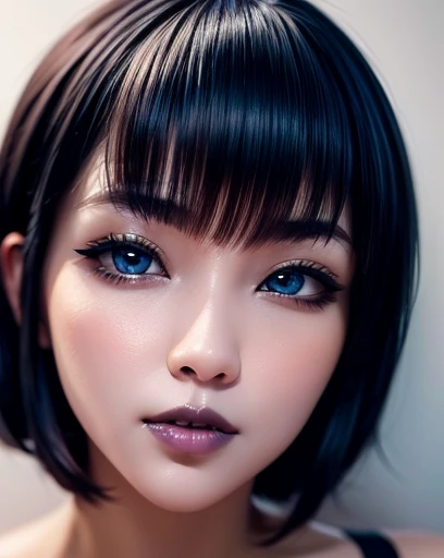 only face, selfie, wallpaper, full HD,  beautiful and detailed face with black lips and voluminous sensual smile, blue eyes white skin black eyeliner and short bob hair with bangs 