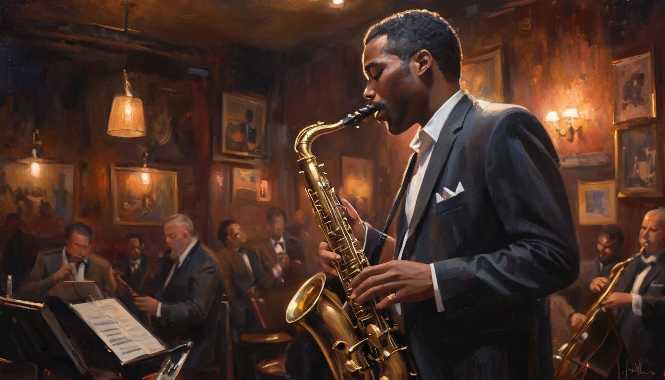 Impressionist painting, Intimate jazz club atmosphere, Dark and Smoky, A saxophonist gives the best performance of his life, Very intricate detail, Award-winning art, Ray Tracing, Sharp focus, 8k, High resolution, masterpiece, Professional, Very detailed, Perfect hands