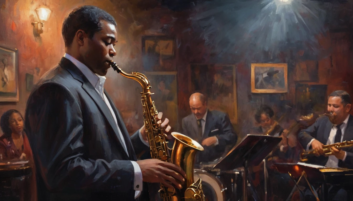 Impressionist painting, Intimate jazz club atmosphere, Dark and Smoky, A saxophonist gives the best performance of his life, Very intricate detail, Award-winning art, Ray Tracing, Sharp focus, 8k, High resolution, masterpiece, Professional, Very detailed, Perfect hands
