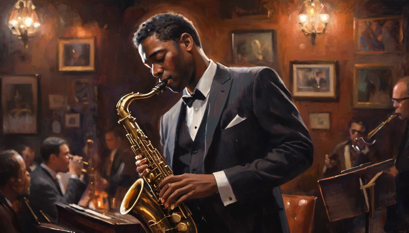 Impressionist painting, Intimate jazz club atmosphere, Dark and Smoky, A saxophonist gives the best performance of his life, Very intricate detail, Award-winning art, Ray Tracing, Sharp focus, 8k, High resolution, masterpiece, Professional, Very detailed, Perfect hands